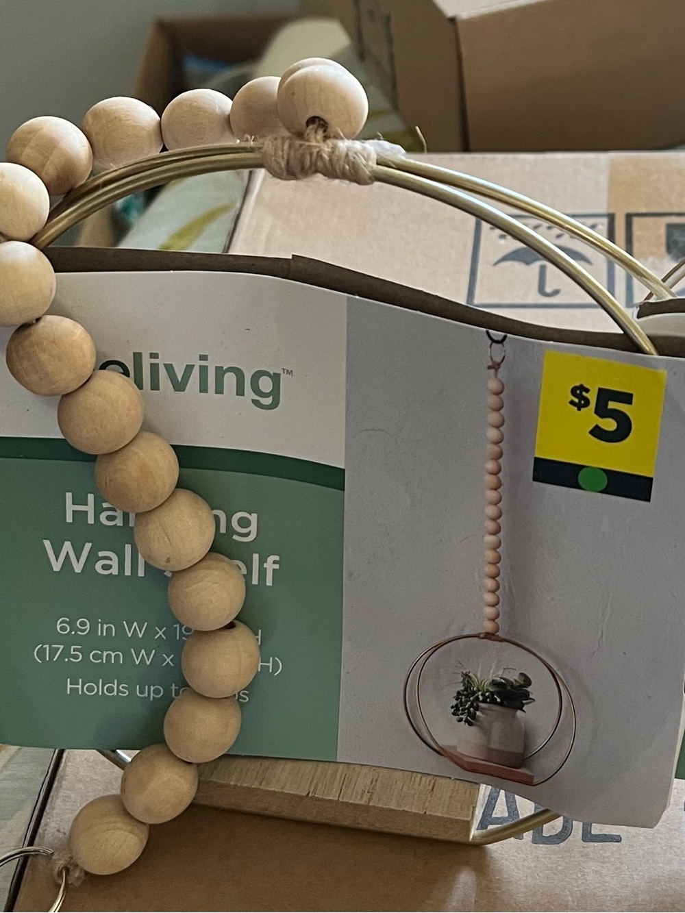 Beaded Hanging Wall Shelf — Natural Tan Wood & Gold. Set of Two for $8
